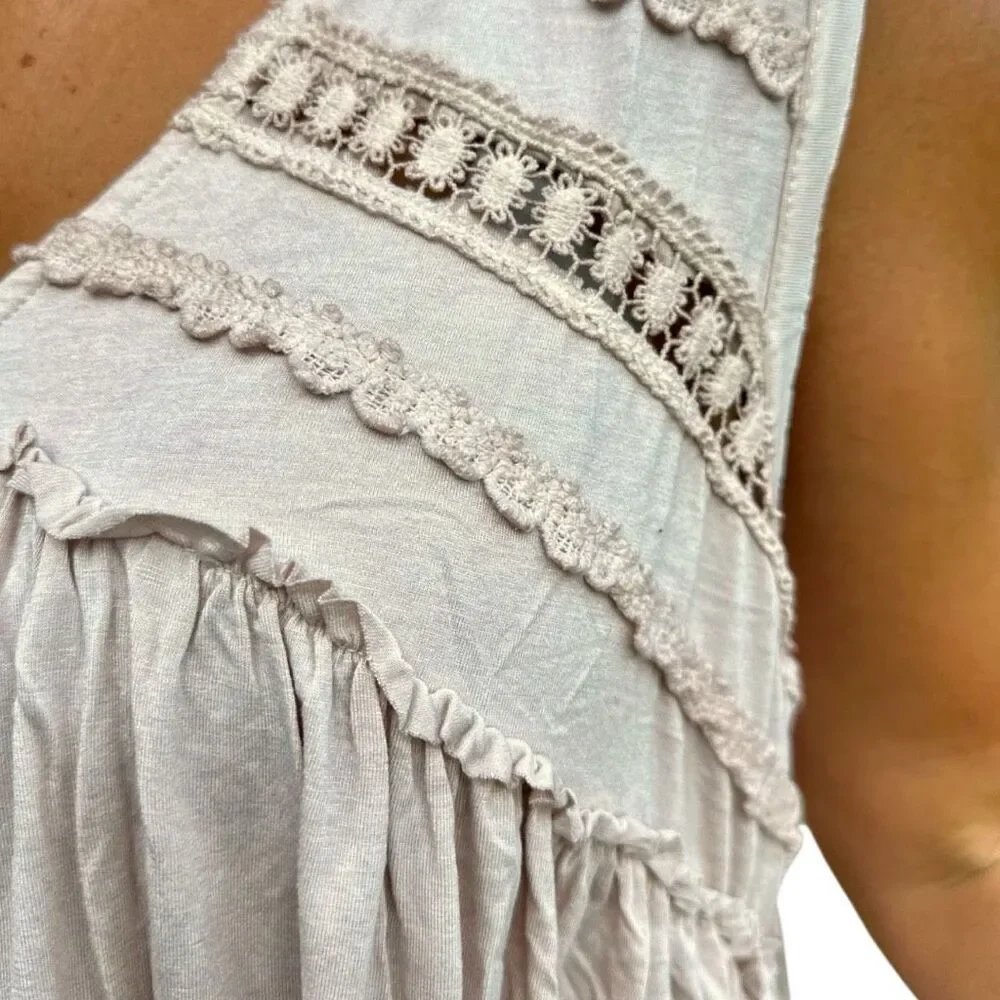POL Tank Beige Lace Trim Boho Babydoll Sleeveless Top Ruffle Raw Edge Detail NEW - Picture 8 of 13